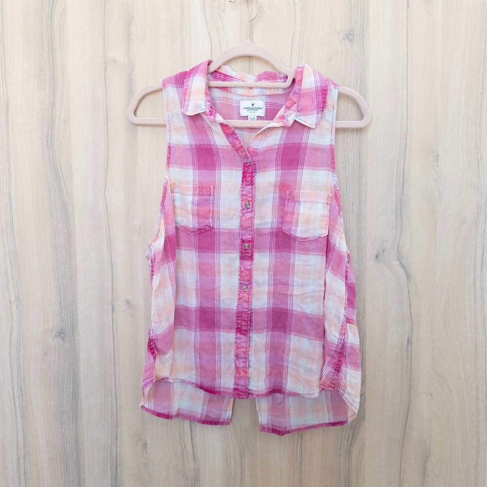 American Eagle Womens Plaid Top XL Pink Sleeveless Button Up Western Preppy